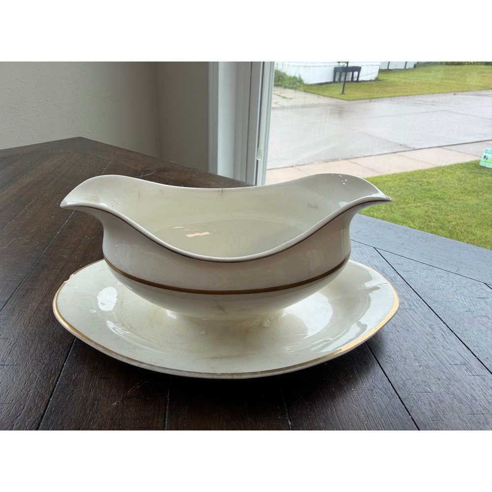Antique Johnson Bros England Gravy Boat & Underplate Gold Trim Cream China